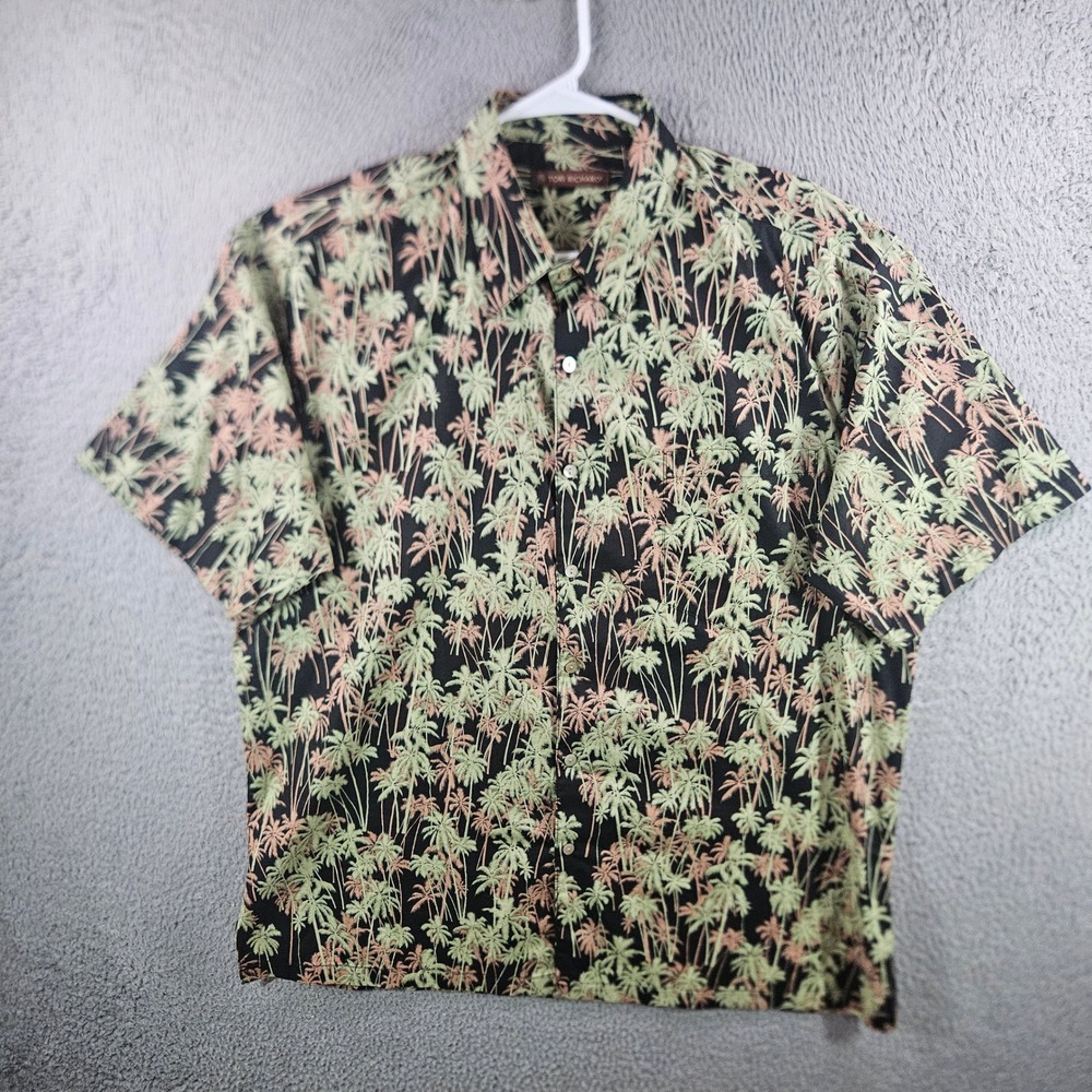 Tori Richard‎ Mens Hawaiian Shirt L Black Palm Tree Cotton Lawn Made in Hawaii